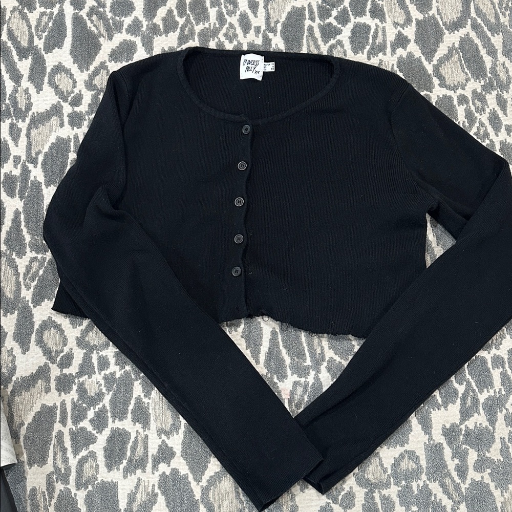 Princess polly cropped cardigan black distressed raw hem size 6